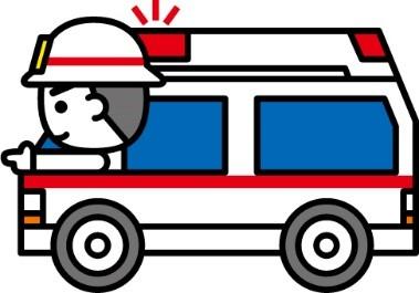 救急車に乗って、窓から救急隊員が顔を出し、前方を指さしているイラスト