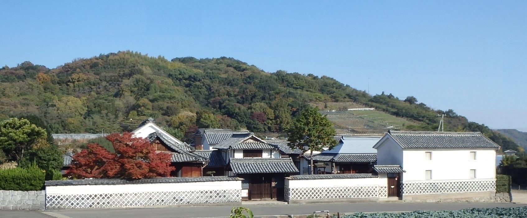 雲一つない晴天の下山々を背景に建つ瓦屋根に白漆喰塀の林求馬邸を遠目のアングルから撮影した写真