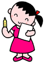 赤いリボンを付けたピンクのワンピースを着た女の子が、左手に鉛筆、右手に紙を持って笑っているイラスト
